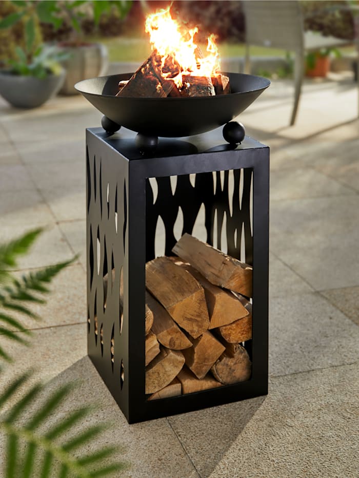 Image of Feuerschale auf Säule mit Holzfach Hudson Schwarz