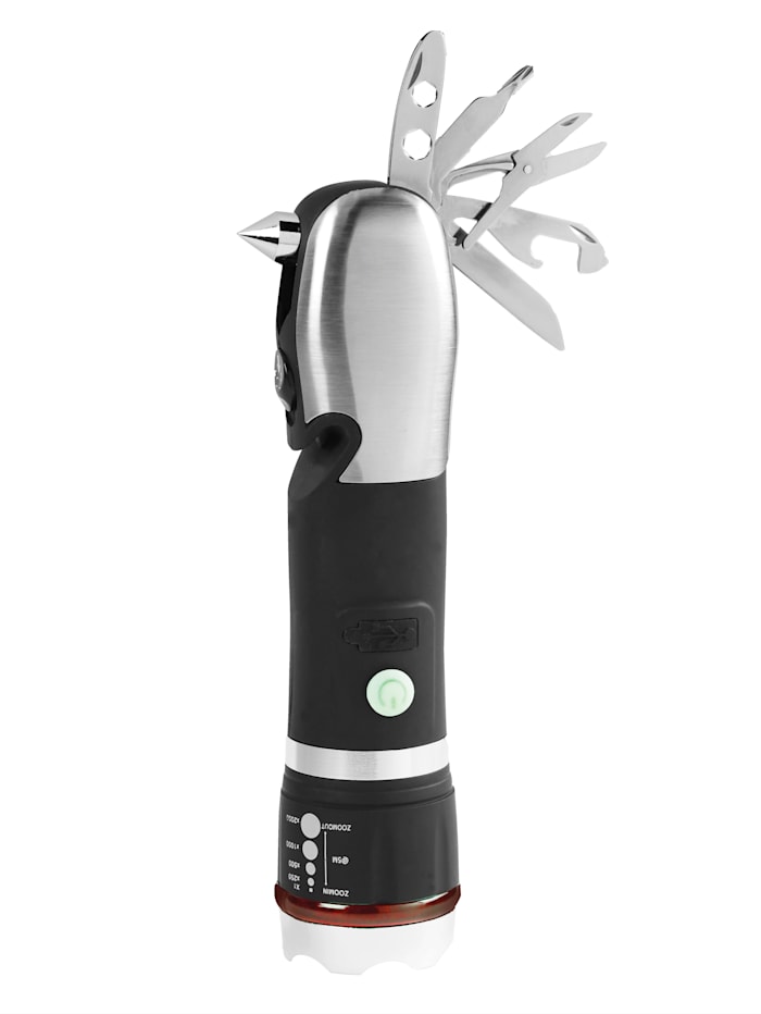 Image of Akku-Taschenlampe mit Werkzeug 'Panta Safe Guard'; 1200 Lumen, Edelstahl rostfrei, aufladbar mit USB-Kabel MediaShop Schwarz