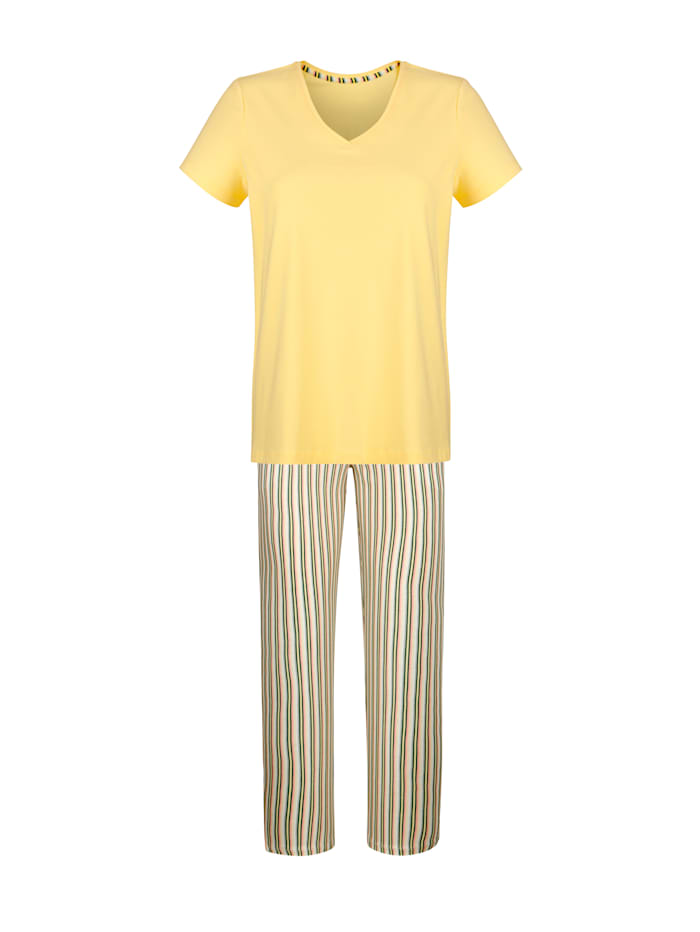 Pyjama met contrastkleurige elastische band MONA Lichtgeel/Salie