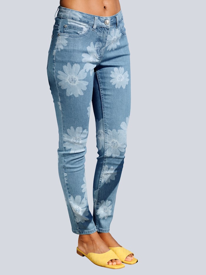 Jeans met zonnebloemendessin rondom Alba Moda Blauw