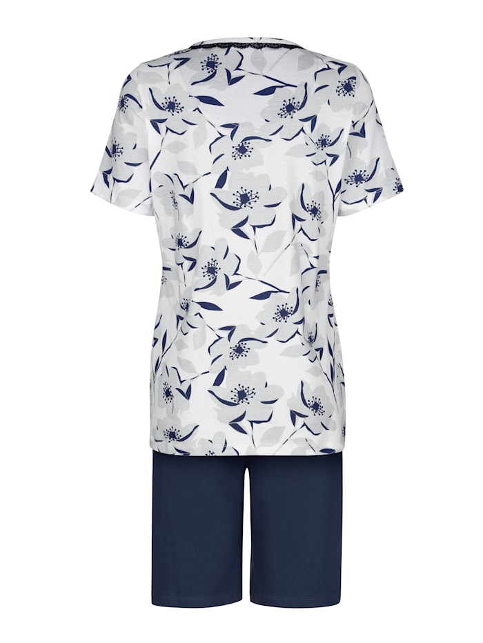 Pyjashort avec dentelle romantique à l'encolure Harmony Marine/Blanc/Coloris argent