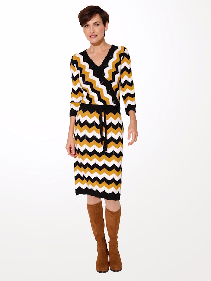 Gebreide jurk met trendy grafisch patroon MONA Zwart/Mosterdgeel/Ecru