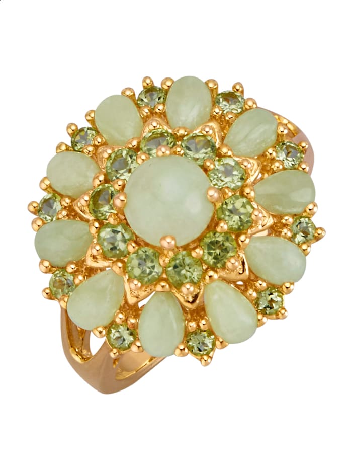 Damenring mit 11 Jade- und Peridot-Steinen Gelbgoldfarben