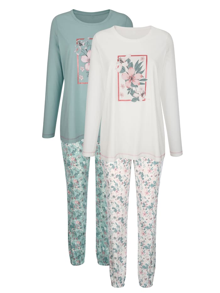 Pyjama's per 2 stuks met bloemendessin Harmony Ecru/Jadegroen/Oudroze