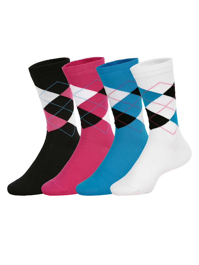 Sokken per 4 paar met stijlvol ruitpatroon Harmony Marine/Pink/Wit/Turquoise