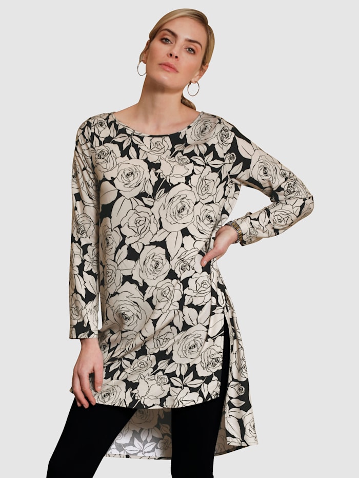 Lange blouse met modieus bloemendessin Komplimente Crème/Zwart