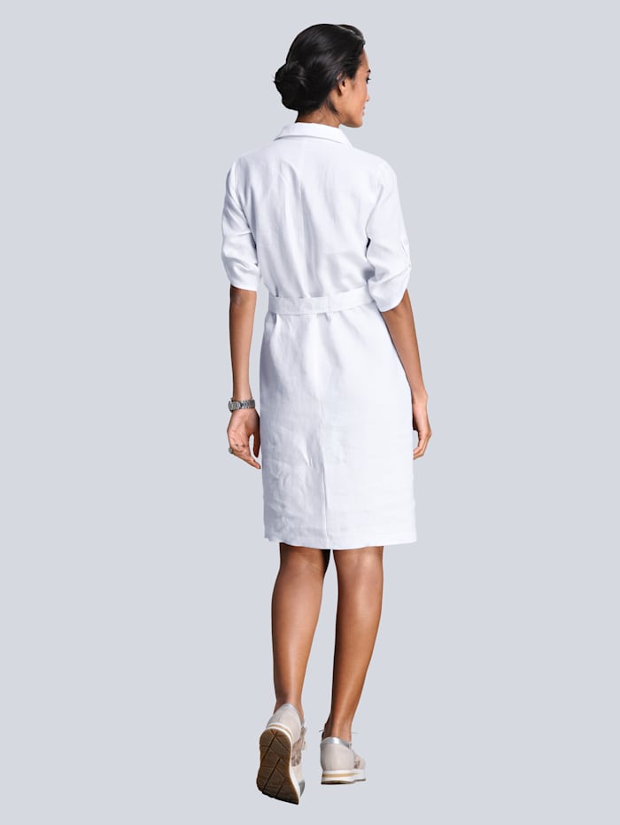 Robe en lin avec manches à retrousser de coupe mode Alba Moda Blanc