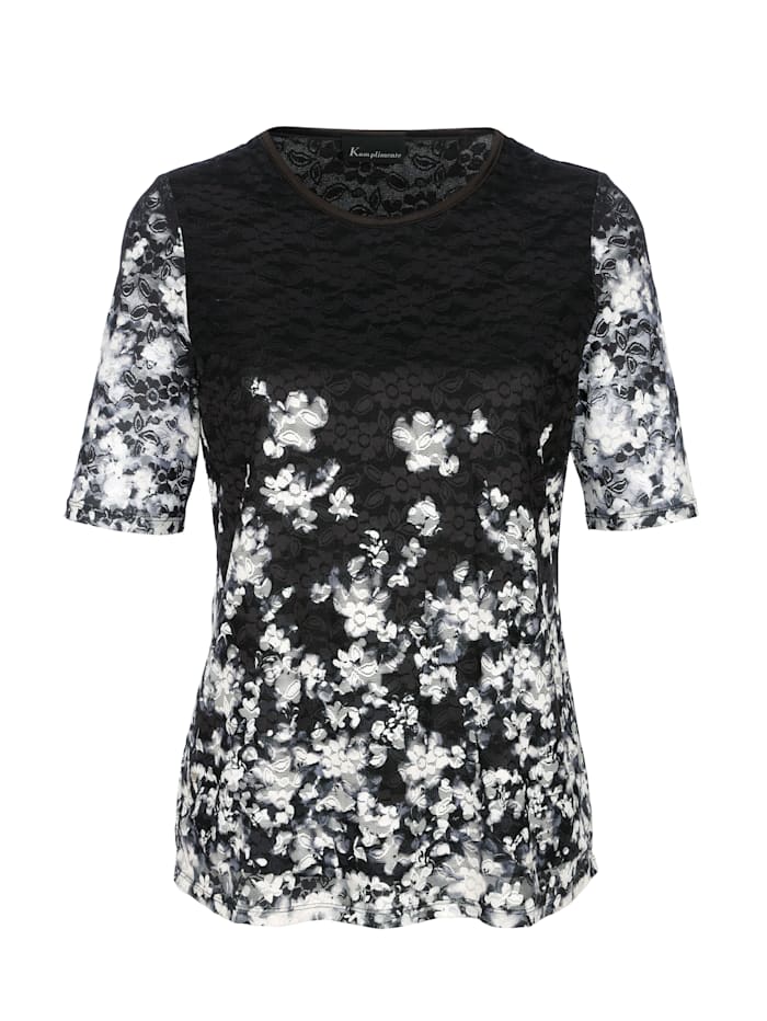 T-shirt en dentelle à jolies bordures florales imprimées Komplimente Noir/Écru