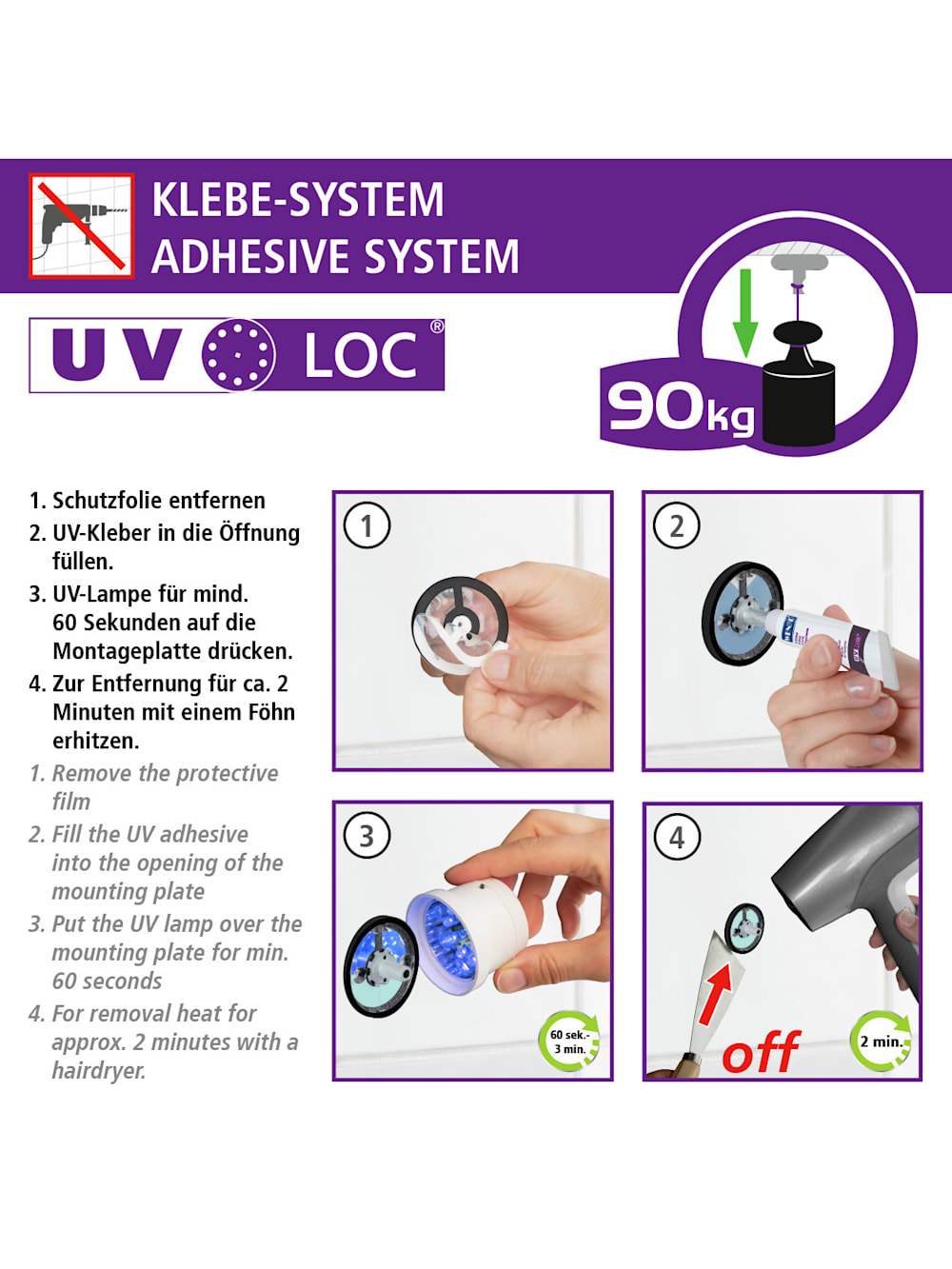 UV-Loc® mit Wenko 60 Badetuchstange | Klingel cm, innovativem Bohren ohne Befestigen Uno Isera Klebesystem