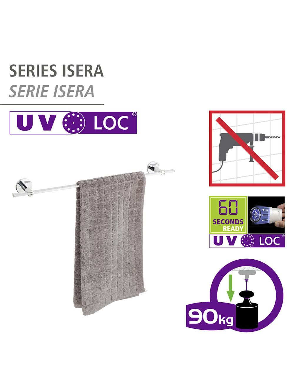 innovativem Klebesystem Befestigen Uno Bohren Badetuchstange mit Wenko cm, Isera Klingel | 60 UV-Loc® ohne
