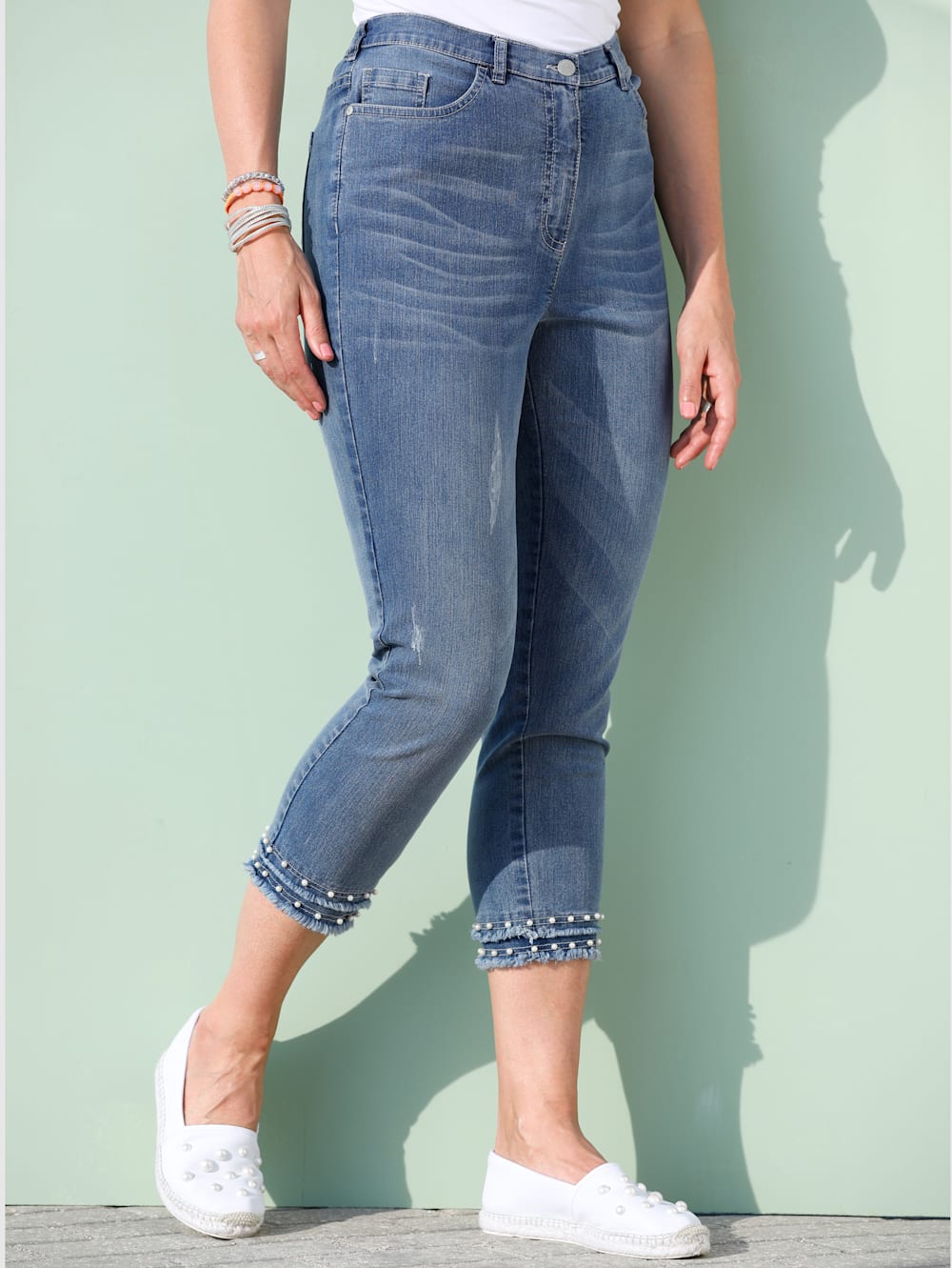 Miamoda 7 8 Jeans Mit Dekoperlen Und Kleinen Fransen Am Saum Mia Moda