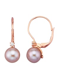 Boucles d'oreilles en or rose 585, avec perles de culture d'eau douce et diamants