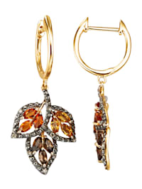 Blatt-Ohrringe mit Farbsteinen und braunen (beh.) Diamanten