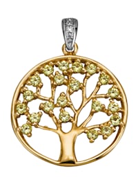 Hanger Levensboom met peridoten en diamant, 14 kt. goud