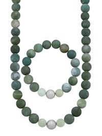 Parure de bijoux 2 pièces avec agates mousse et quartz de couleur verte