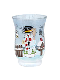 Teelichthalter Ø 11 cm Glas mit Weihnachtsmotiv Schneemann