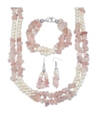 Parure de bijoux 3 pièces avec quartz rose et perles de culture d'eau douce blanches