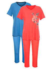 Pyjama's per 2 stuks met decoratieve contrastpaspels