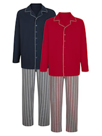 Pyjama's per 2 stuks met contrastkleurige paspel aan de kraag