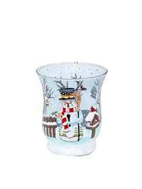 Teelichthalter Ø 8 cm aus Glas mit Wintermotiv Schneemann