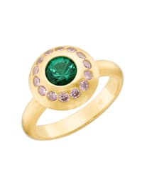 Ring mit Zirkonia rosa und grünem Kristallstein, Silber 925
