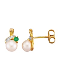 Boucles d'oreilles en argent 925, avec émeraude, perles de culture d'eau douce et diamants