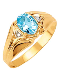 Bague en or jaune 585, avec topaze bleue 1,00 ct et diamants