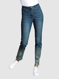 Jeans med glansigt tryck nedtill
