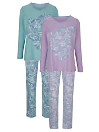 Pyjama's per 2 stuks met contrastpaspel aan de hals