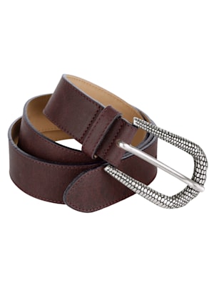 Leather belt with embossed buckle