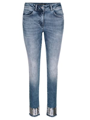 Jeans mit Pailletten am Saum und Fransenabschluss