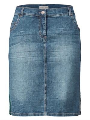 Džínsová sukňa s farebne zladeným pruhom na bokoch