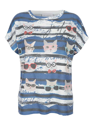 Pullover mit effektvollem Katzen Print