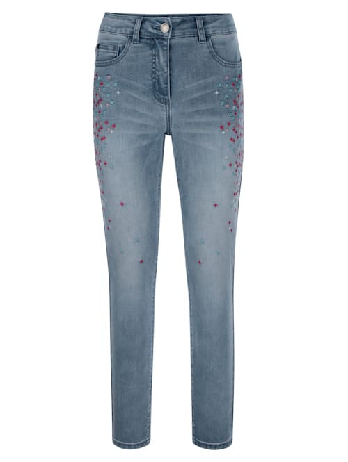Jeans mit farbenfroher Stickerei im Vorderteil