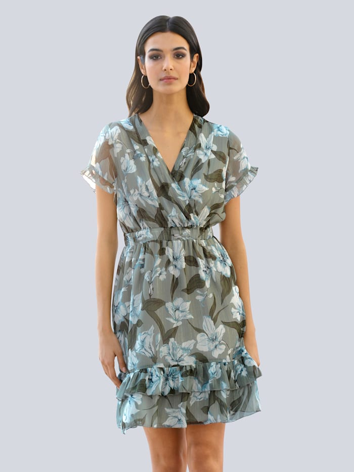 Alba Moda Kleid mit Glanzeffekten und Rüschen, Khaki/Beige/Hellblau