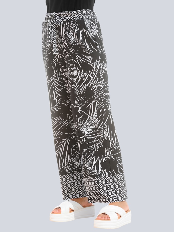 Alba Moda Pantalon avec motif contrastant à la taille et au bas de jambes, Noir/Blanc
