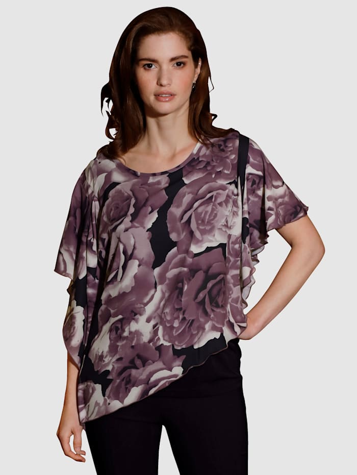 m. collection Shirt mit floralem asymetrischem Georgette-Überwurf, Aubergine/Lavendel