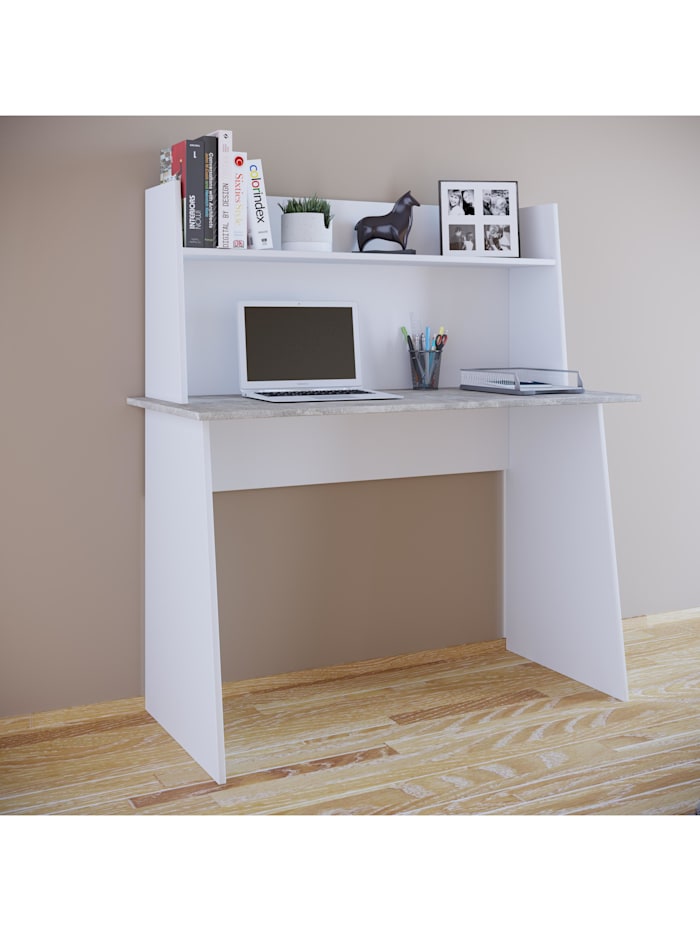 VCM Holz Schreibtisch Computertisch Masola Maxi Aufsatz, Weiß / Beton-Grau
