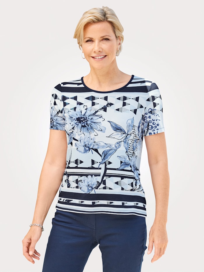 MONA Shirt mit platziertem Bordürendruck, Eisblau/Weiß/Marineblau