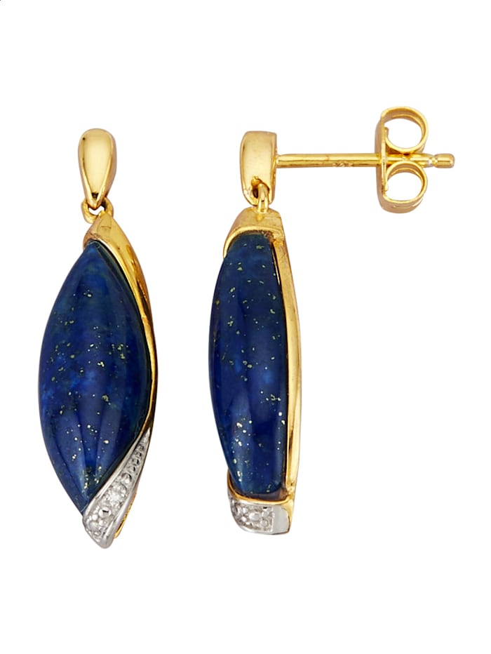 Boucles d'oreilles en argent 925, avec lapis-lazulis et diamants, Coloris or jaune