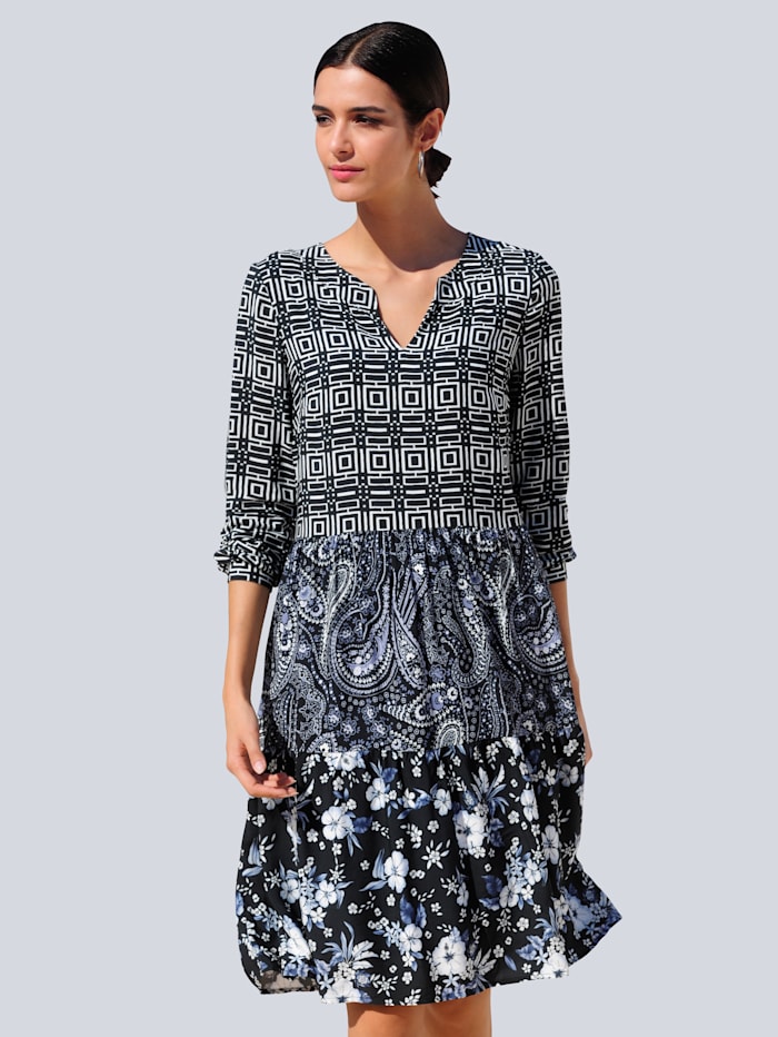 Alba Moda Kleid im Dessinmix, Blau/Off-white/Schwarz