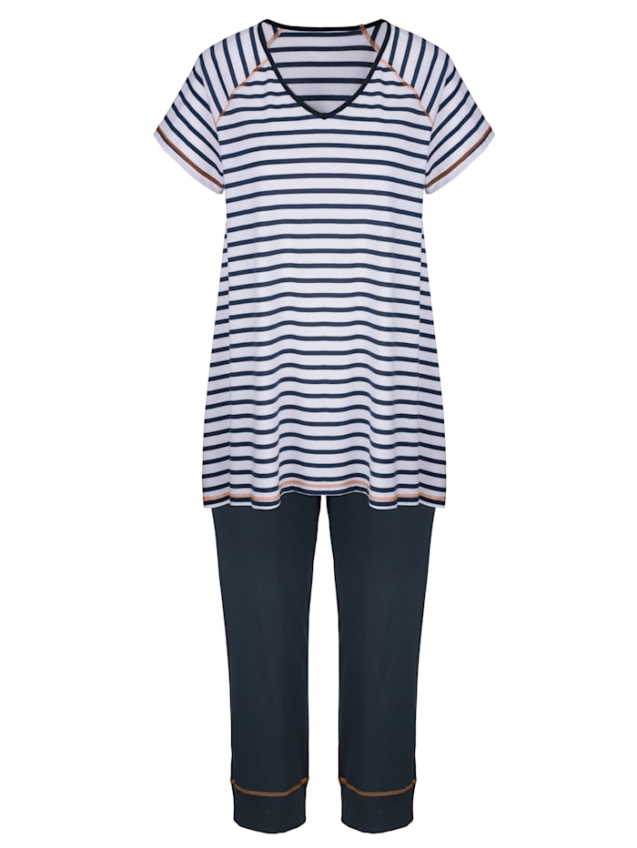 Harmony Schlafanzug im modernen Streifen-Dessin, Marineblau/Weiß/Orange