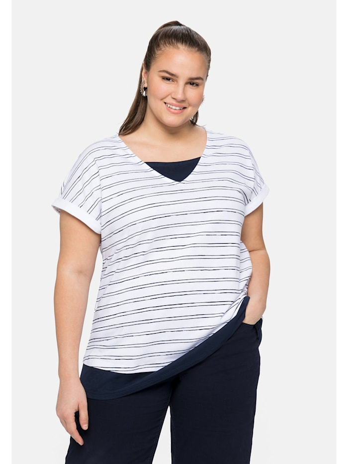 Sheego Shirt in Lagenlook, aus reiner Baumwolle, weiß-marine