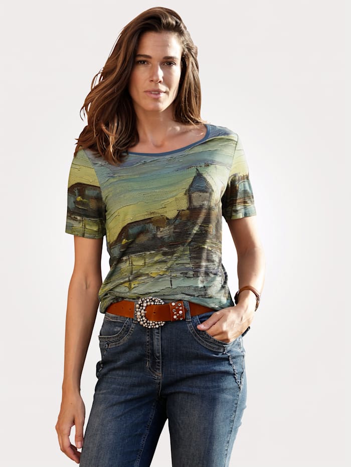 MONA Shirt mit farbharmonischem Druckmotiv, Grün/Petrol