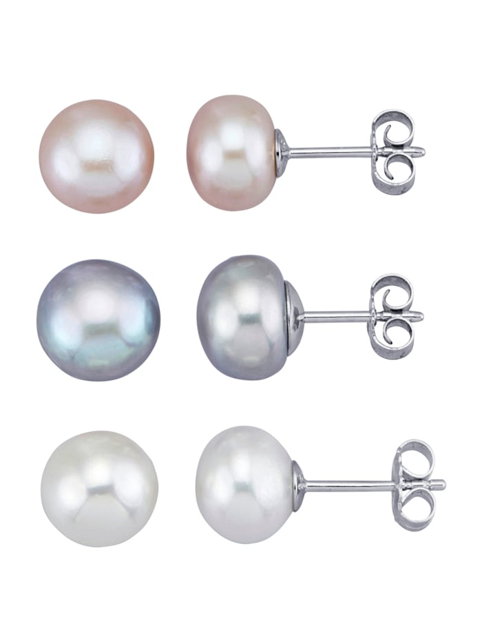 Amara Perles Lot de 3 paires de boucles d'oreilles avec perles de culture d'eau douce, Multicolore