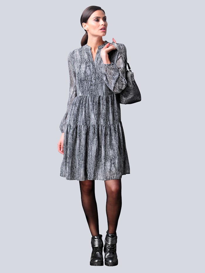 Alba Moda Kleid mit abstraktem Fischgrät-Allover-Print, Off-white/Schwarz