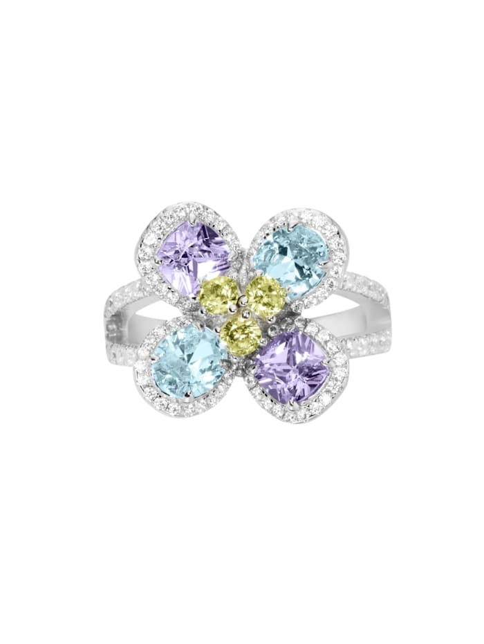 Ring Blüte mit weißen und farbigen Zirkonia, Silber 925