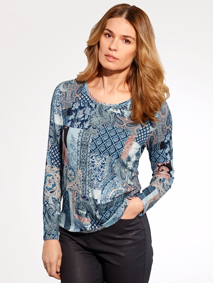MONA Shirt mit detailreichem Druckdessin, Blau/Marineblau/Camel