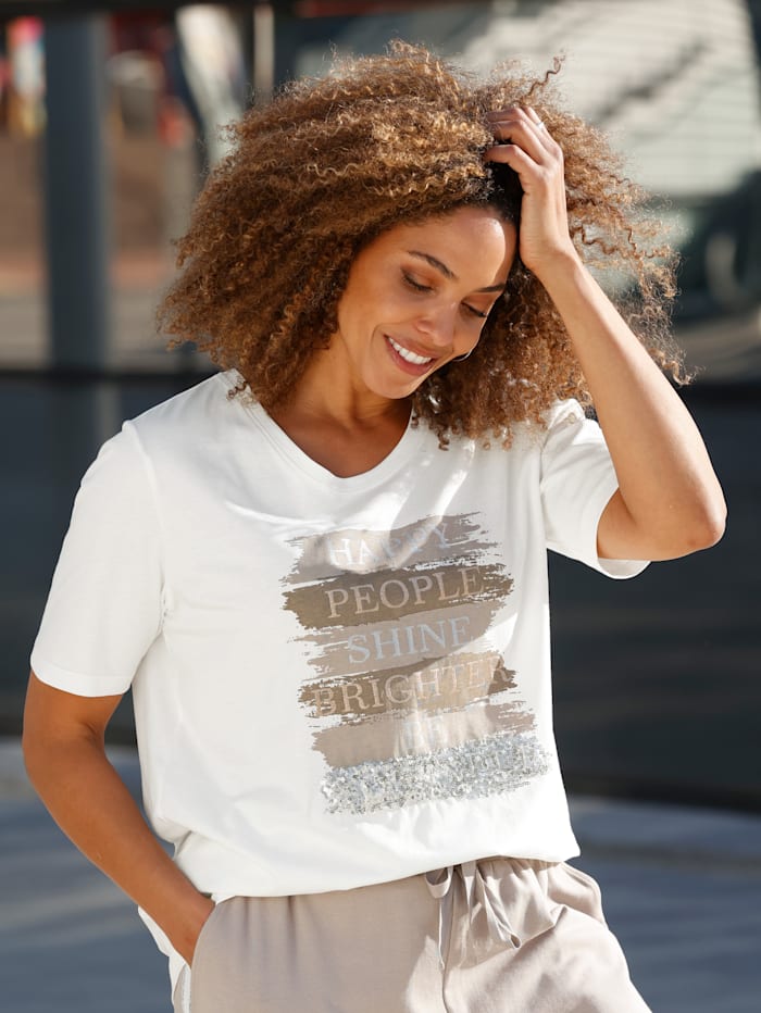 MIAMODA Shirt mit schimmerndem Schriftzug, Off-white