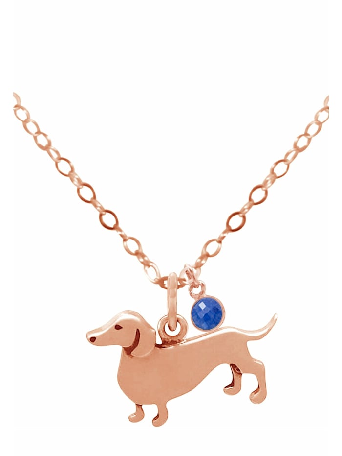 GEMSHINE Halskette mit Anhänger Dackel Hund Saphir, rose gold coloured